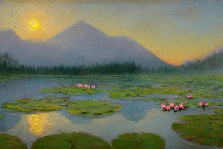 Image similar to impressionism painting of a pond of water lily on a foggy morning, sun low on horizon through snow capped mountains, soft light, misty