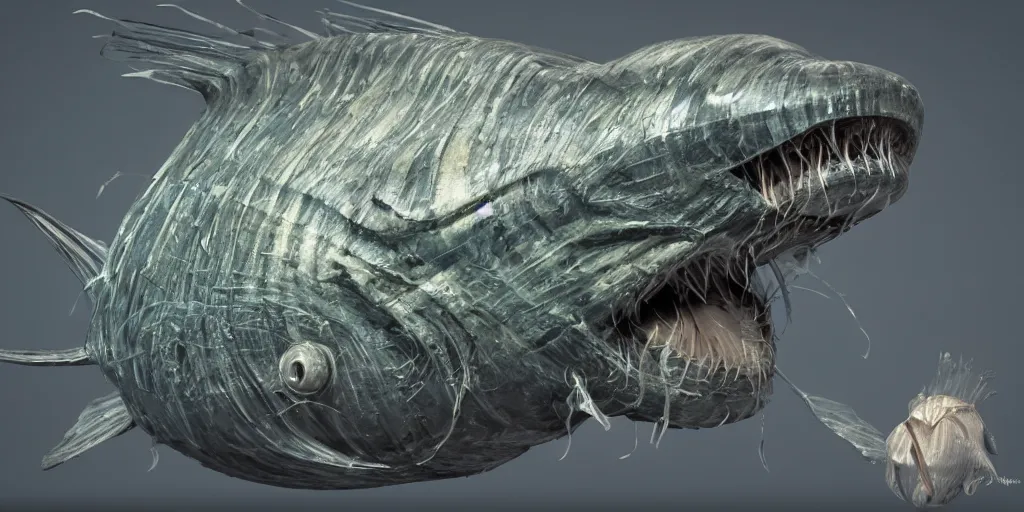 Image similar to angler fish, stylized layered textures, long flowing fins, bioluminescent orbs, 3 d render, substance painter, glowing eye, smooth, sharp focus, art by h r giger