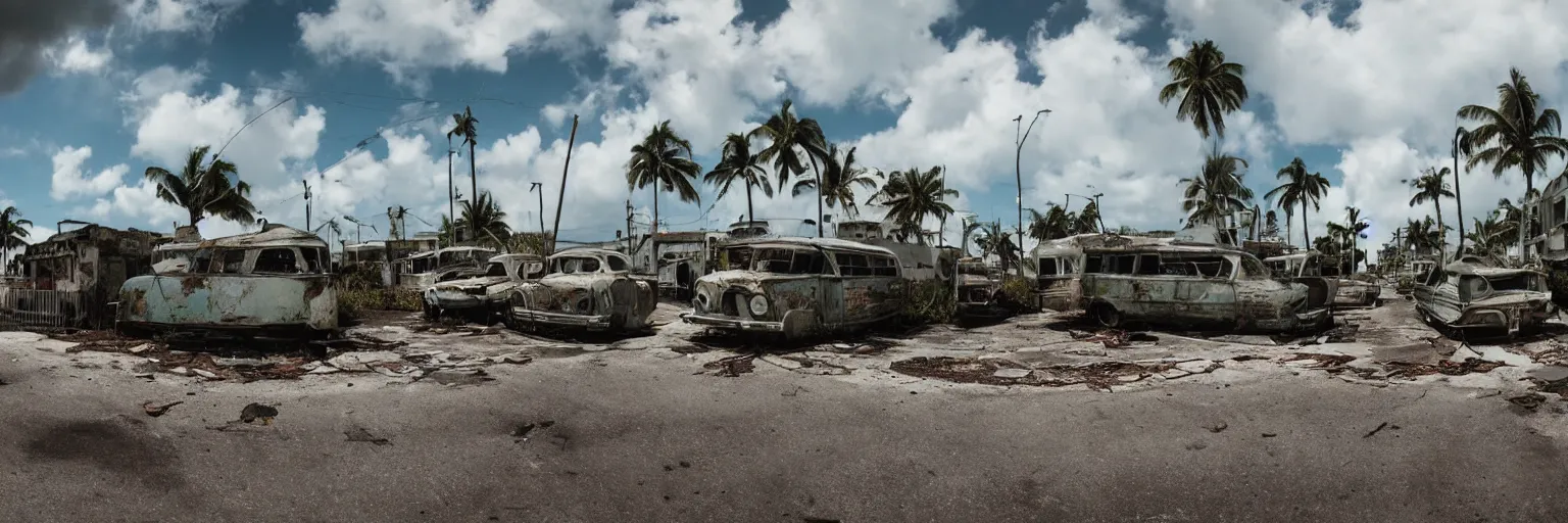 Image similar to wide angle shot of dilapidated fallout 5 miami, tropical coastal city in real life, desolate, dilapidated, empty streets, some rusted retro futuristic vintage styled parked vehicles like cars, buses, trucks, trams, sunny weather, few clouds, volumetric lighting, photorealistic, daytime, spring, sharp focus, ultra detailed