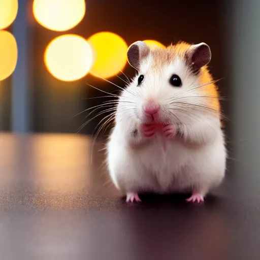 Prompt: photo of a hamster, at night, candlelit restaurant table, various poses, unedited, soft light, sharp focus, 8 k