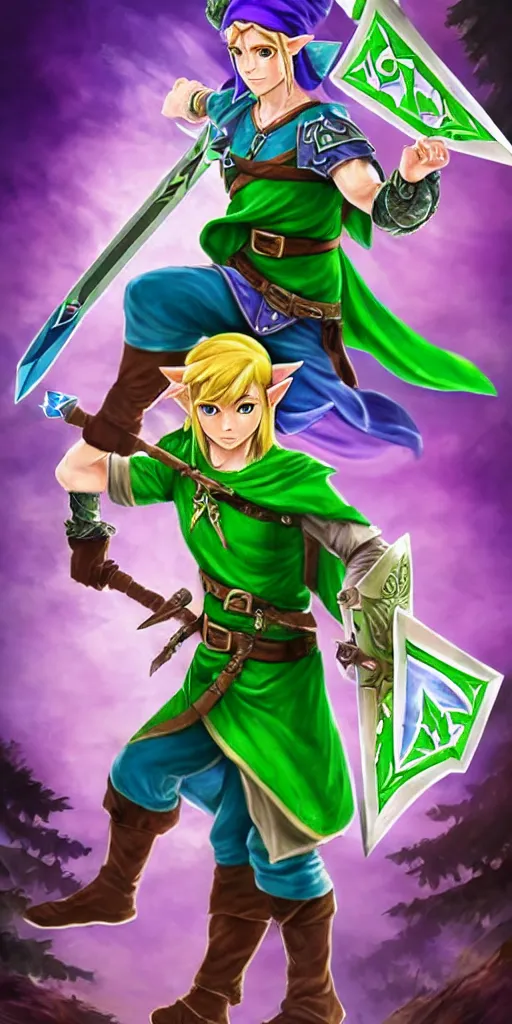 Image similar to link dressed in traditional green tunic and cap, holding the master sword and hylian shield in each hand, in dynamic fighting pose, clear detailed face with focused expression, mystical forest background, dark skies, green purple blue pink iridescent color scheme, intricately detailed, finely textured, cgsociety