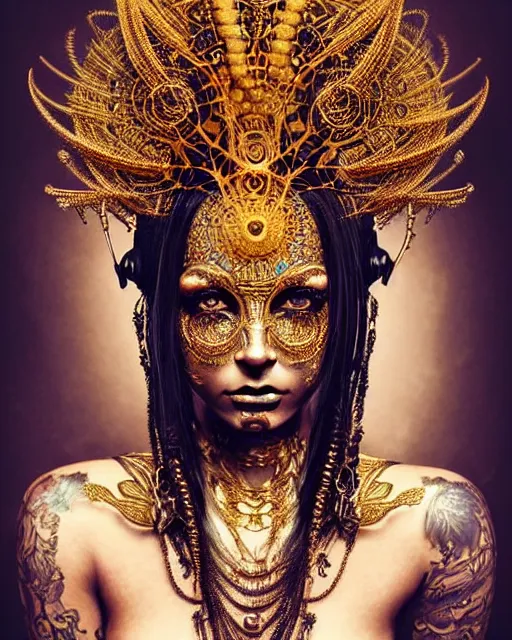 Prompt: hyperrealistic detailed portrait of a beautiful dark goddess in an intricate golden ornamental ritual headdress, intricate cyberpunk make - up, golden face tattoos, insane details, art by ernst haeckel, nekro borja, android jones, alphonso mucha, gothic - cyberpunk, beautiful deep colours,