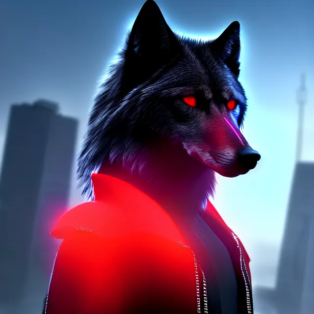 Image similar to portrait of a anthropomorphic black male wolf with red long red hair wearing futuristic clothes in a futuristic city | | concept art, 4 k, volumetric lighting, highly detailed, trending on artstation