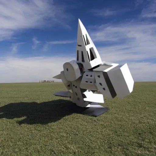 Image similar to photo of minimalist abstract cubist sculpture of curvy deformed spaceship with random small mecha mayan decorations, covered with few large white airplane found parts - w 6 4 0