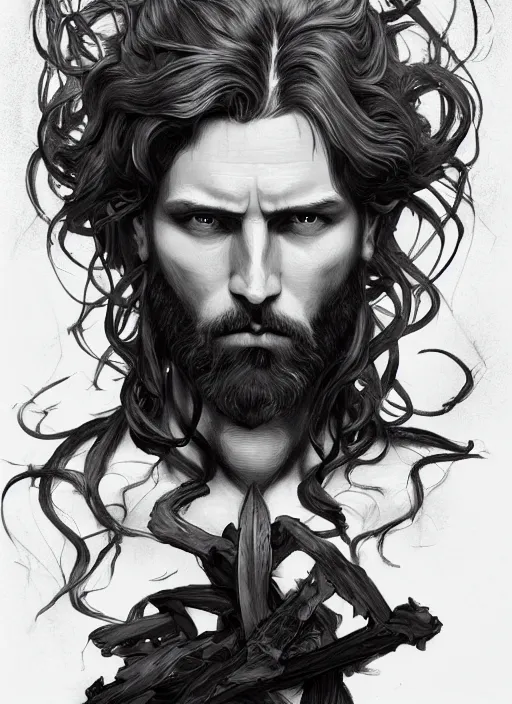 Image similar to the god hephaestus, gigachad, ash hair, glowing eyes, volumetric lights, black and white scheme, art nouveau botanicals, gothic, intricate, highly detailed, digital painting, artstation, concept art, smooth, sharp focus, symmetric face, illustration, art by artgerm and greg rutkowski and alphonse mucha