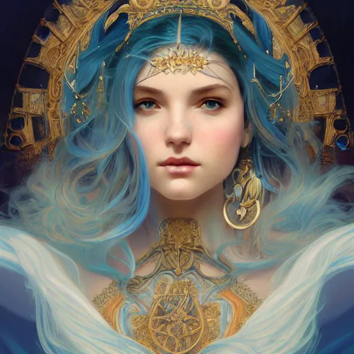 Image similar to goddess, blue hair, intricate, elegant, ethereal, highly detailed, retro, digital painting, artstation, concept art, smooth, sharp focus, long shot, illustration, art by artgerm and greg rutkowski and alphonse mucha