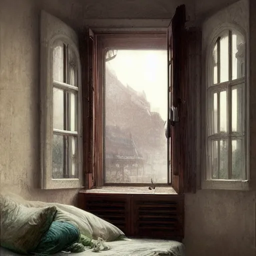 Image similar to on a rainy day, someone in home sits in bed, curled up under the covers, looking out the window, cinematic, artstation, extremely detailed, intricate, cinematic lighting, art by eugene de blaas