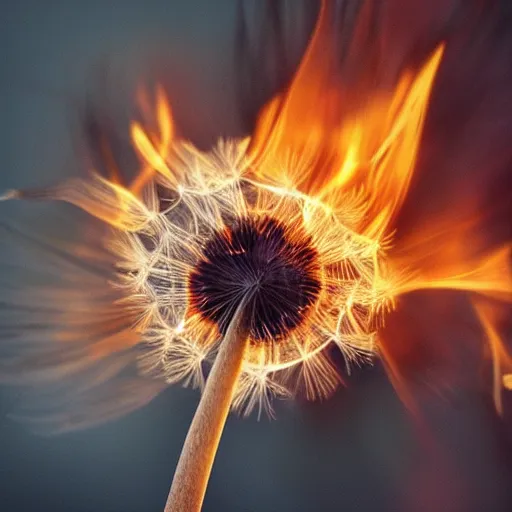 Prompt: “closeup photo of a dandelion on fire.ultra realistic. Hyper detailed.8k.”