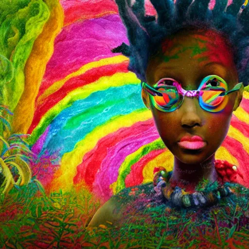 Image similar to a black girl with a colorful dreadlocks and rainbow eyes, in a candy forest! at night, bokeh, bright colours, watercolor, volumetric wool felting, macro photography, children illustration, by goro fujita