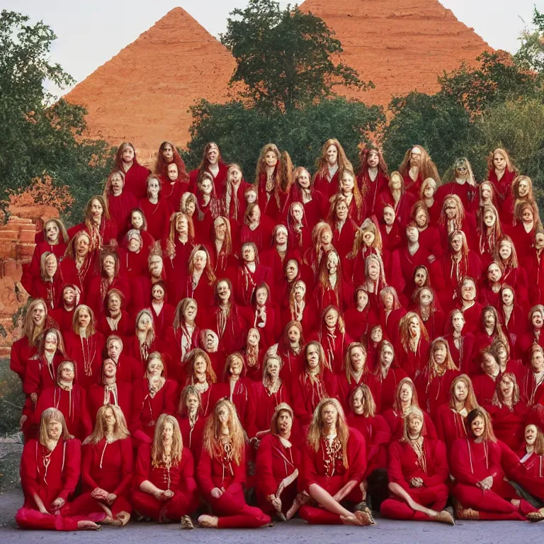 Prompt: photo group portrait of members of esoteric cult in front of red pyramids, restored ektachrome vivid color hyper realistic and detailed, wear red tunics and gold mask and jewels