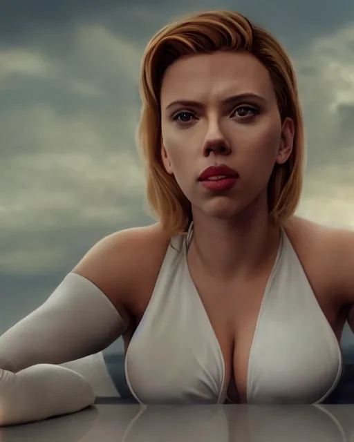 Image similar to scarlett johansson portraying a beautiful power girl from dc, beautiful scarlett johansson power girl, movie, hyper realistic, hollywood promotional image, imax, 8 k