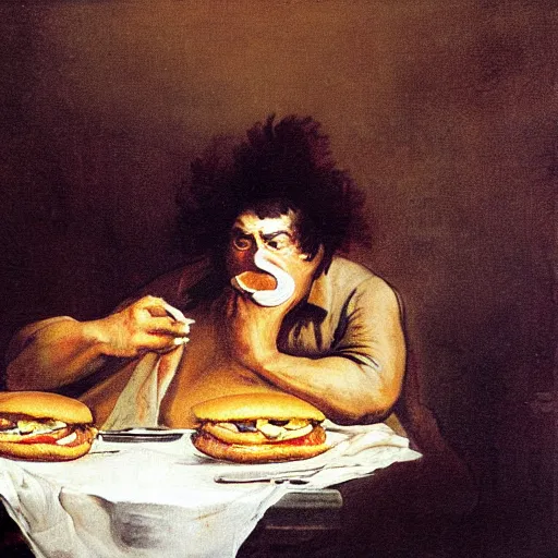 Image similar to painting of a sad man devouring cheeseburger in the style of francisco goya