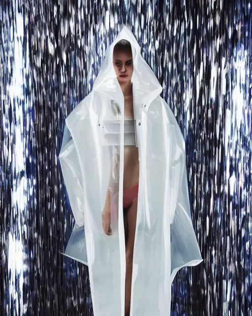 Prompt: an award winning fashion photograph of Balenciaga's transparent raincoat by Catherine Opie and Hajime Sorayama, Demna Gvasalia, cyberpunk, futuristic, Bladerunner 2049, dazzle camouflage!