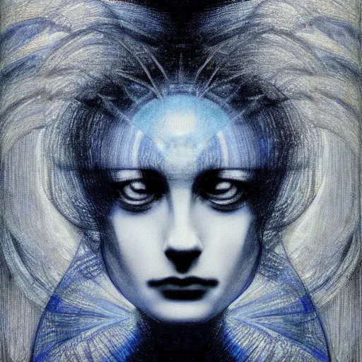 Image similar to Close-up of Goldfrapp, pencil drawing. El Greco, Remedios Varo, Salvador Dali, Carl Gustav Carus, John Atkinson Grimshaw. Blue tint. Symetrical, logo, geometric shapes.