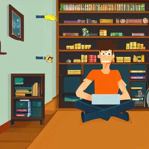 Prompt: a skinny computer nerd guy sitting on the floor of his room, crossed legs, laptop, smartphone, video games, tv, books, potions, jars, shelves, knick knacks, tranquil, star charts, calm, sparkles in the air, magic aesthetic, fantasy aesthetic, faded effect, by dreamworks animation studio