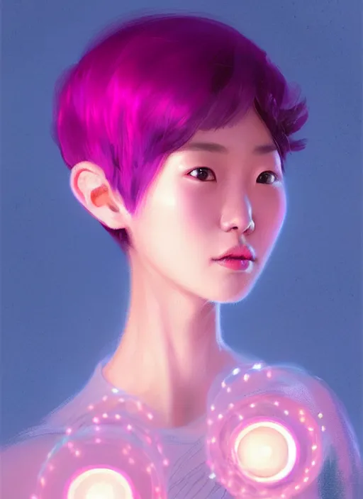 Image similar to portrait of chinese girl with bright pink hair, curly pixie cut hair, wearing a purple cap, breton cap, intricate, elegant, glowing lights, highly detailed, digital painting, artstation, concept art, smooth, sharp focus, illustration, art by wlop, mars ravelo and greg rutkowski