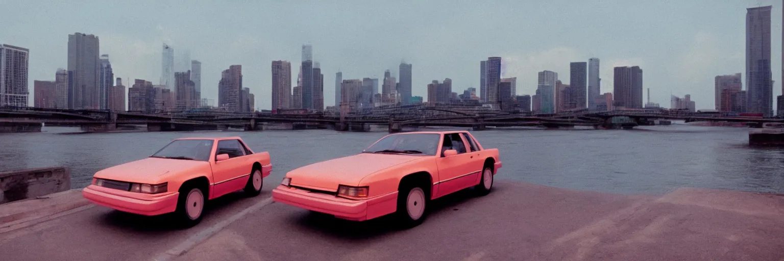 Image similar to 8 0 s neon movie still, portrait of a single car by the river with city in background, medium format color photography, blurred background, movie directed by kar wai wong, hyperrealistic, photorealistic, high definition, highly detailed, tehnicolor, anamorphic lens