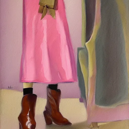 Prompt: a woman in a pink dress and brown boots, oil Painting, gucci poster