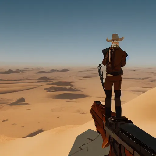 Prompt: gunslinger overlooking the desert, Art Deco, cel-shading, unity, 8k, 4k, pixiv