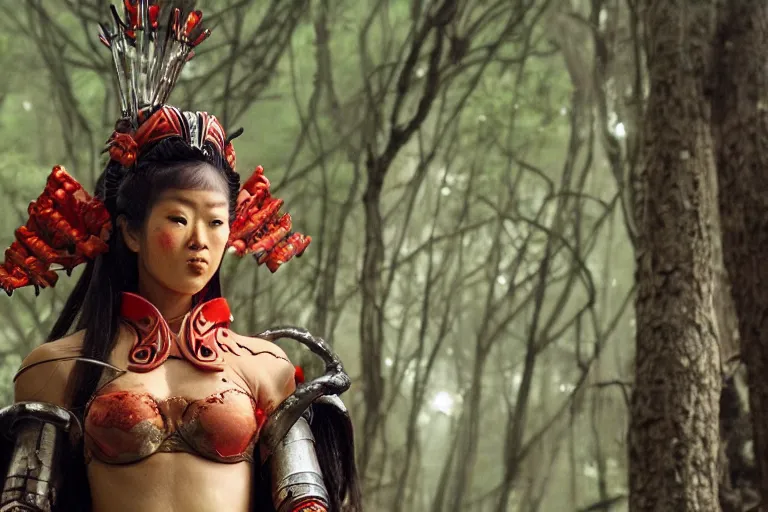 Image similar to vfx movie scene closeup nomad cyborg warrior viking geisha in a smoldering forest. by emmanuel lubezki