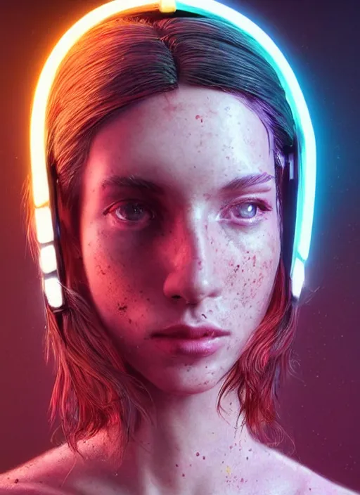 Image similar to a sensual caucasian female humanoid with freckles, cyber neon lighting, futurism, intricate futuristic jewelry accessories, cyberpunk high fashion, profile posing, hyper photorealistic, crispy quality, digital photography, trending in artstation, trending in pinterest, cinematic, 4 k ultra hd, art by pascal blanche, art by greg rutkowski,