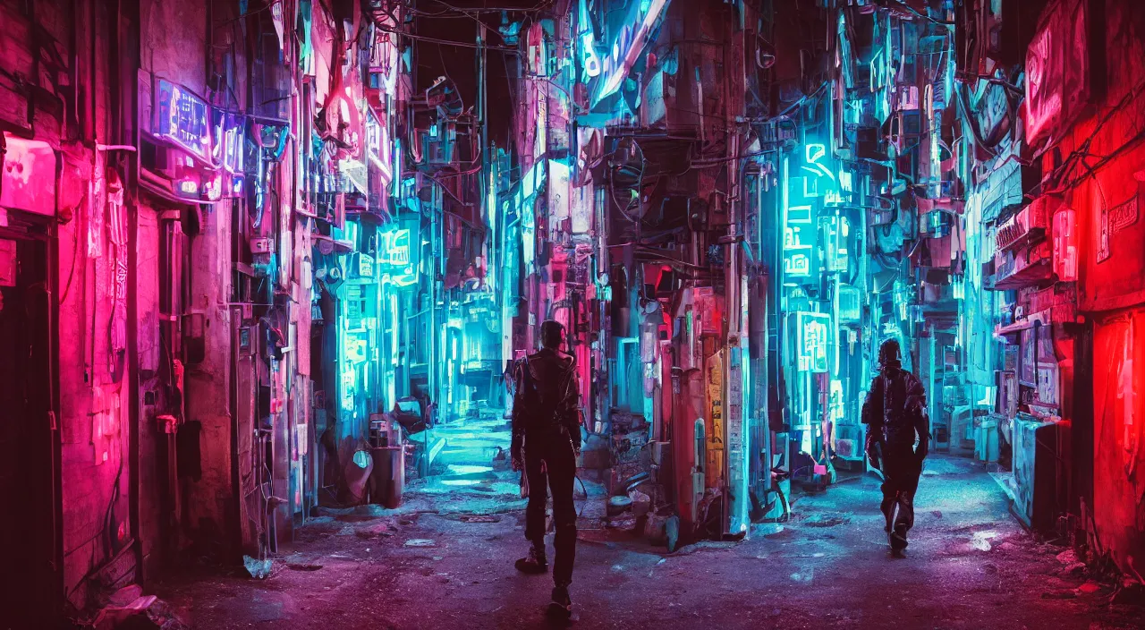Image similar to a photo of a cyberpunk man walking in a medival village, the photo was taken from the ground looking up at the man's back, the man has glowing neon pink and blue lights on his back, ultra high detail.