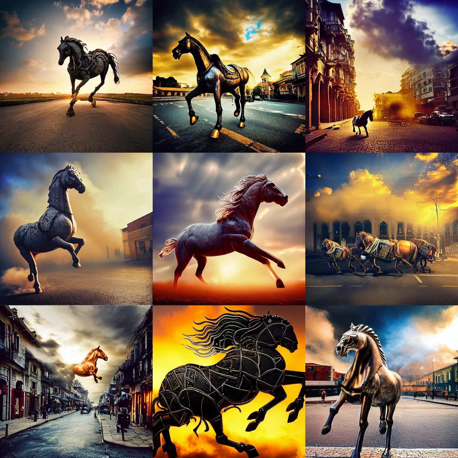 Prompt: “biomechanical horse galloping through the streets of Byzantium surrounded by clouds, golden hour, steam, dramatic, cinematic, by Greg Rutowski”