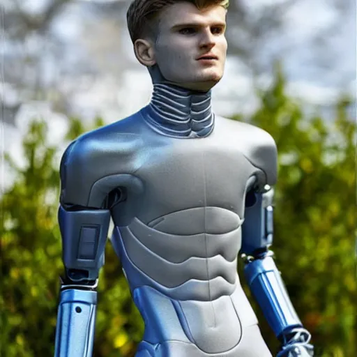 Prompt: a realistic detailed photo of a guy who is an attractive humanoid who is half robot and half humanoid, who is a male android, soccer player timo werner, shiny skin, posing like a statue, blank stare, by the pool, on display, showing off his muscles, humanoid robot, frozen ice statue, made of ice