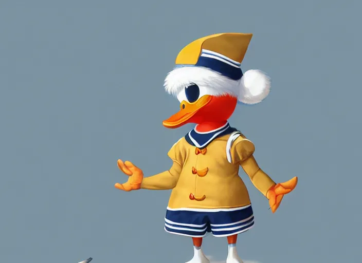 Prompt: detailed concept art of a cute iconic anthropomorphic duck character wearing a sailor suit by wlop on bcy. net, realistic. detailed feathers, art by cheng yi. artstationhd