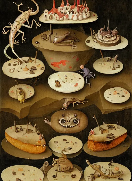 Image similar to a bunch of geckos eating cakes painted by hieronymous bosch, detailed digital art, trending on Artstation