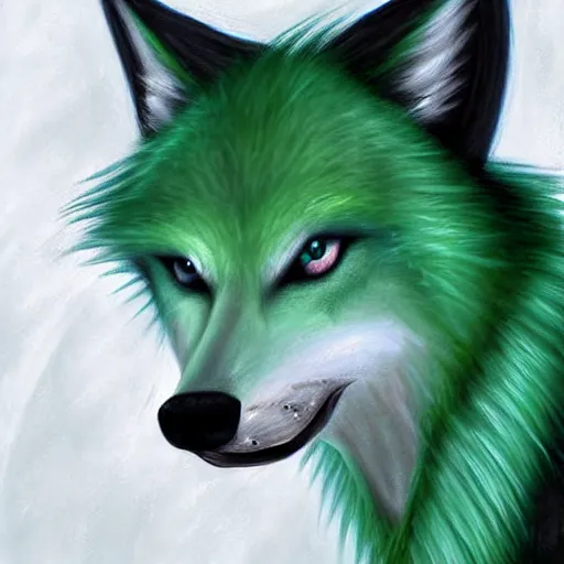 Image similar to Beautiful digital painting, oil painting, anthro anthropomorphic pastel-green androgynous wolf, Punk outfit. lake