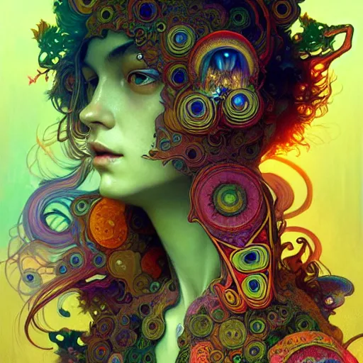 Image similar to An extremely colorful psychedelic experience, reality bending, magic mushrooms, psilocybin, LSD, face, detailed, intricate, elegant, highly detailed, digital painting, artstation, concept art, smooth, sharp focus, illustration, art by Krenz Cushart and Artem Demura and alphonse mucha