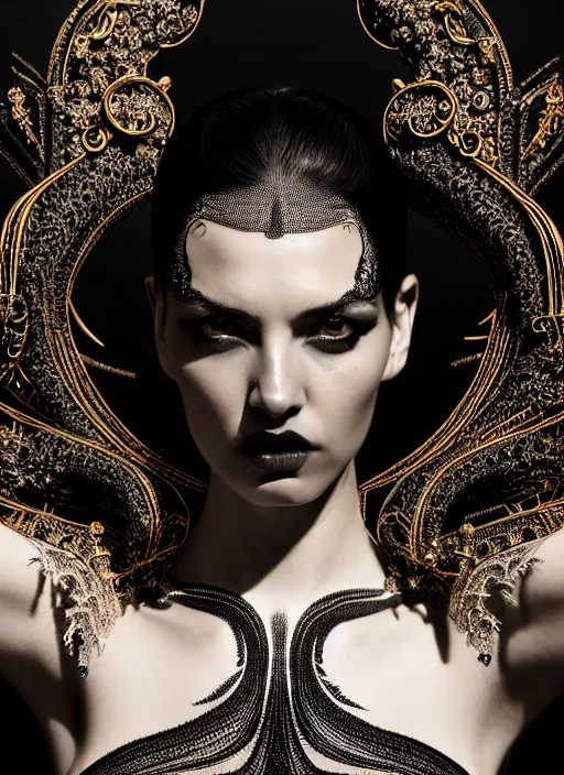 Prompt: a fierce nubile young woman with reflections in her eyes and slicked hair, intricate black liquid and foam on her skin, elegant, graceful, fashionable, cinematic, hyperdetailed illustration by irakli nadar and alexandre ferra, intricate linework, faberge, ornamental, depth of field, global illumination,