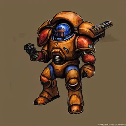 Image similar to Dachshund as a space marine from Starcraft 2 standing on a hill with a heroic pose concept art