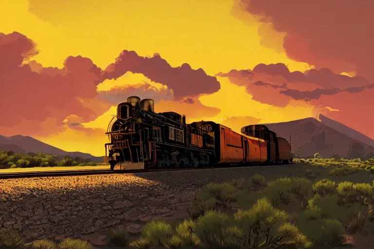 Image similar to idyllic old western freight train illustration by syd mead, artstation, 4 k, graphic novel, concept art, matte painting, steam engine spewing billowy white clouds of steam, beautiful mountain desert sunset background, golden hour