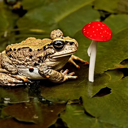 Image similar to A toad seated on an amanita-colored throne