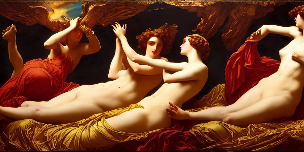 Image similar to greek mythology, an art deco painting by Frederic Leighton and Daniel Maclise and Rolf Armstrong and Evelyn De Morgan and Bastien Lecouffe-Deharme, dutch golden age, dramatic lighting, high contrast colors, baroque, empyrean, panoramic view, cgsociety, highly detailed, doom engine,