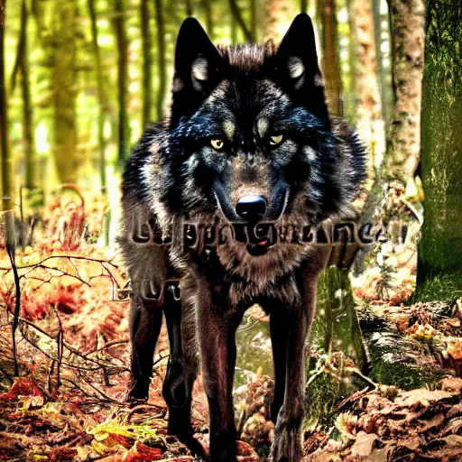 Image similar to majestic and beautiful dark wolf walking through a forest of leaves and trees photo realistic ultra details award winning realistic