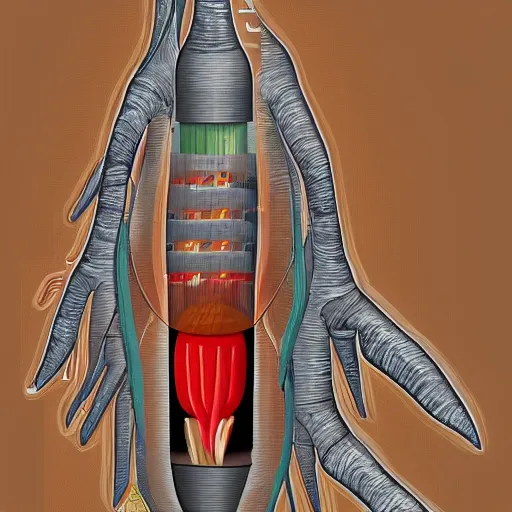 Image similar to anatomical illustation of a rocket ship with veins