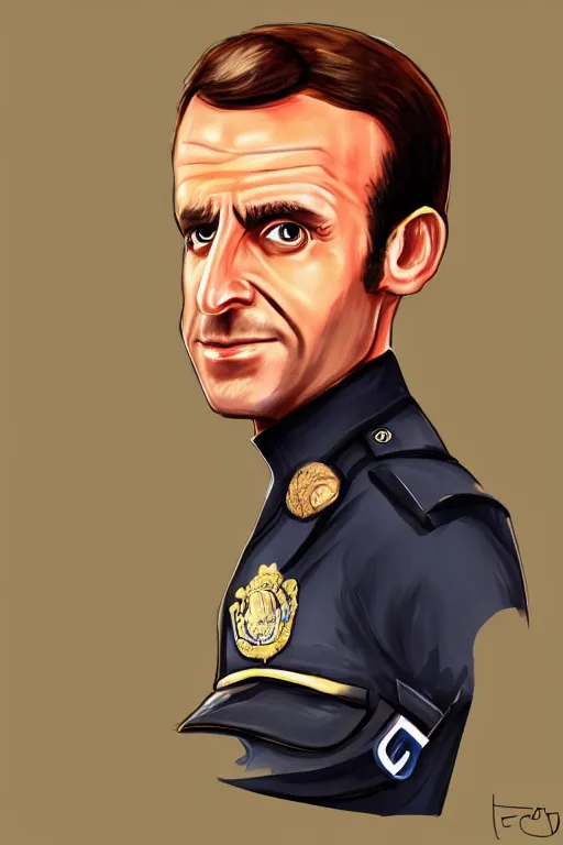 Prompt: emmanuel macron dressed as a police officer, highly detailed, digital art, sharp focus, trending on art station
