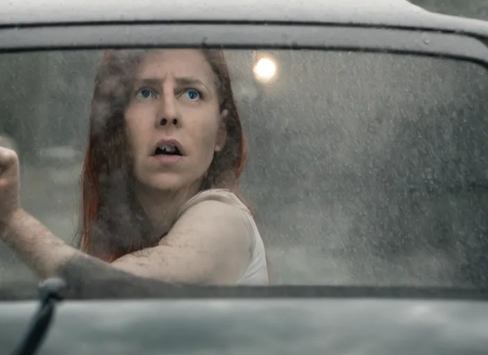 Image similar to A very high resolution image from a new movie, inside of a car, red hair woman, raining, hot, directed by wes anderson