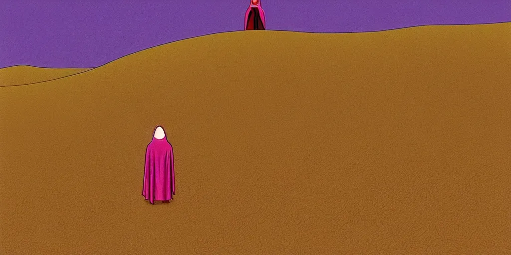 Prompt: android in cloak standing in dunes illustration by moebius