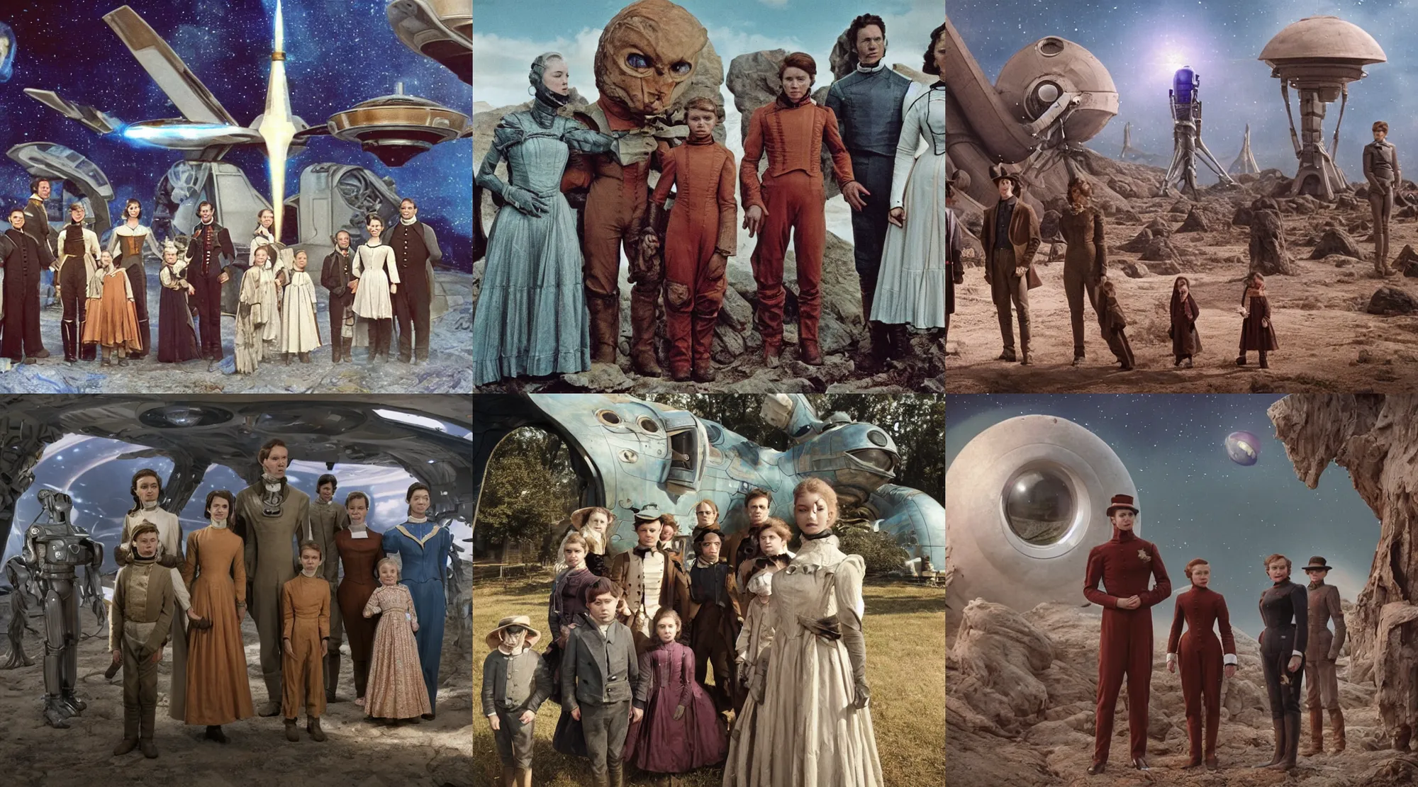 Prompt: 96k film still from a sci fi blockbuster color movie made in 2022, set in 1860, of a family standing in front of a spaceship that has just landed on an alien planet, a humanoid alien creature stands nearby, the family are all wearing 1850s era clothes, cinematic lighting, human faces, extremely good lighting, winner of seven oscars