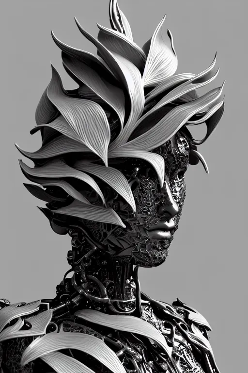 Image similar to monochrome close - up profile face, black background, beautiful young porcelain bio - mechanical vegetal - dragon - cyborg - female, white metallic armour, silver gold details, magnolia leaves and stems, roots, mandelbot fractal, 1 5 0 mm, beautiful natural soft rim light, elegant, hyper real, ultra detailed, octane render, 1 6 k