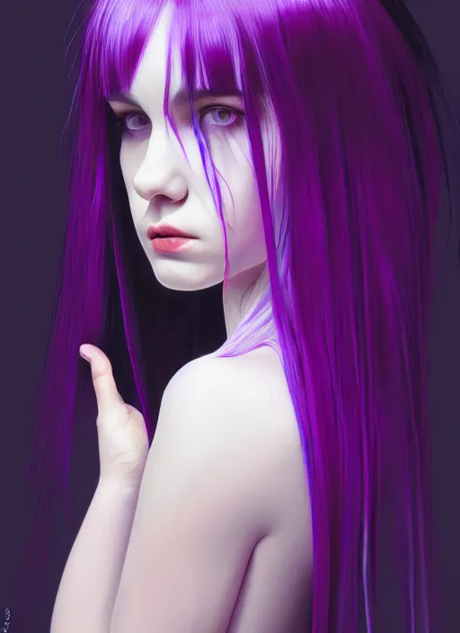 Image similar to hair whitebangs hair, black hair, whitebangs, portrait of teenage girl with white bangs, red irises, purple clothes, white bangs, bangs are different color from hair, intricate, elegant, glowing lights, highly detailed, digital painting, artstation, concept art, smooth, sharp focus, illustration, art by wlop, mars ravelo and greg rutkowski