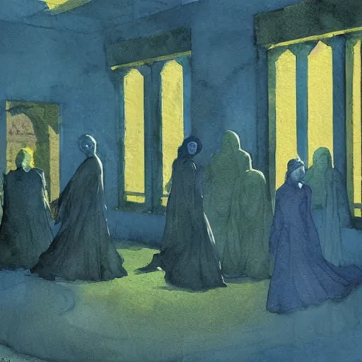 Prompt: procession of women in a blue and gold haunted liminal abandoned temple, watercolor by victo ngai, by hammershøi, art noveau, highly detailed, lights by edward hopper, liminal, eerie, bright pastel colors