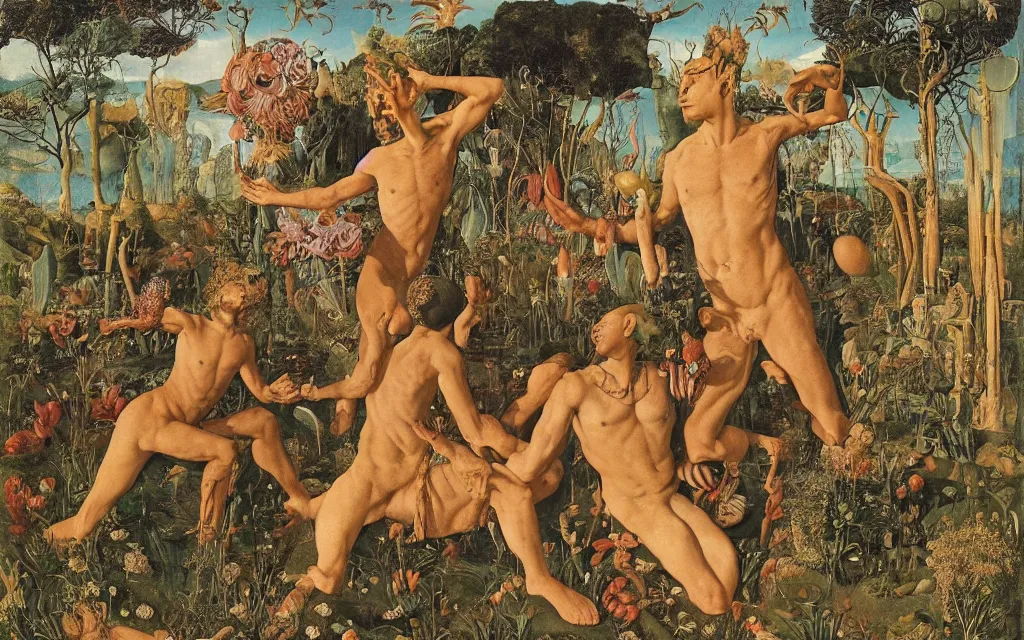 Image similar to a portrait photograph of a meditating satyr and a centaur monk riding a rocket machine and hunting at a river delta. surrounded by bulbous flowers and trees. mountain range under a blue sky of fiery stars. by jan van eyck, max ernst, ernst haeckel, ernst fuchs and artgerm, cgsociety, fashion editorial, 8 k