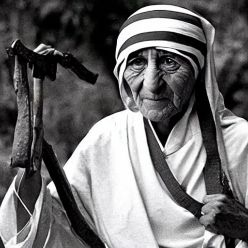 Image similar to A still of Mother Teresa as Rambo in Rambo First Blood