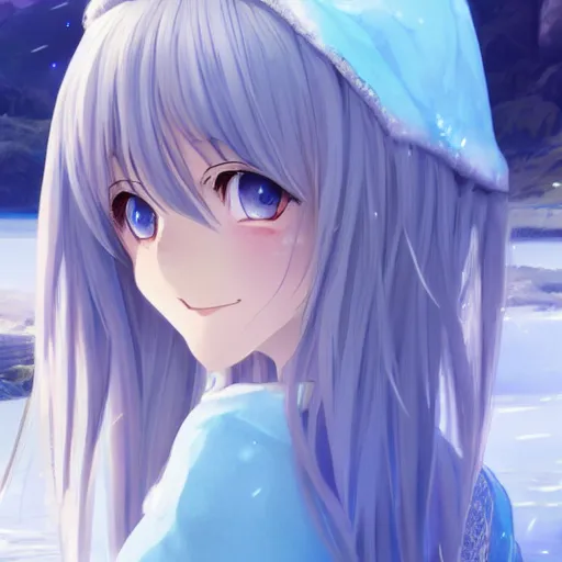 Image similar to a very beautiful anime elf girl, full body, long straight silver hair, smile, sky blue eyes, full round face, short smile, casual clothes, ice snowy lake setting, cinematic lightning, medium shot, mid-shot, highly detailed, trending on Artstation, Unreal Engine 4k, cinematic wallpaper by Stanley Artgerm Lau, WLOP, Rossdraws, James Jean, Andrei Riabovitchev, Marc Simonetti, and Sakimichan