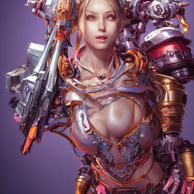 Image similar to studio portrait of lawful good colorful female holy mecha paladin absurdly beautiful, elegant, young thin bikini model, ultrafine hyperrealistic detailed face illustration by kim jung gi, irakli nadar, intricate linework, sharp focus, bright colors, matte, octopath traveler, final fantasy, unreal engine highly rendered, global illumination, radiant light, intricate environment